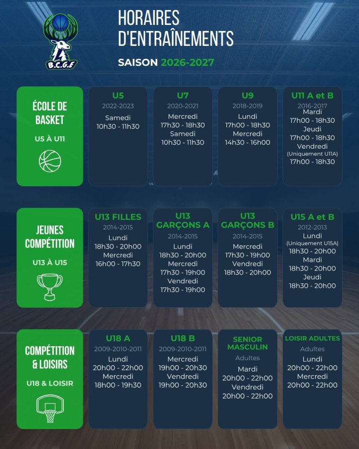 Entraînements 2026/2027 (jours et horaires) & Prix des licences
